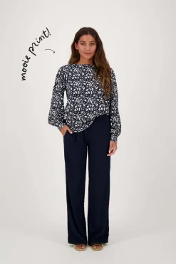 zusss boothals top met blaadjesprint donkerblauw