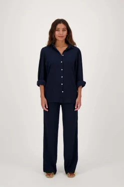 zusss broek van crinkle stof donkerblauw