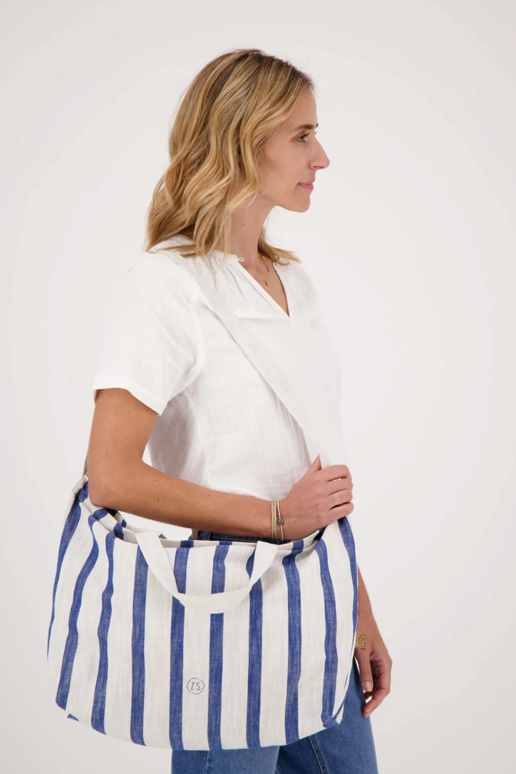 zusss grote boodschappentas gestreept peper en zout/kobaltblauw