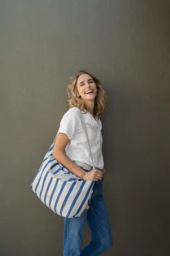 zusss grote boodschappentas gestreept peper en zout/kobaltblauw