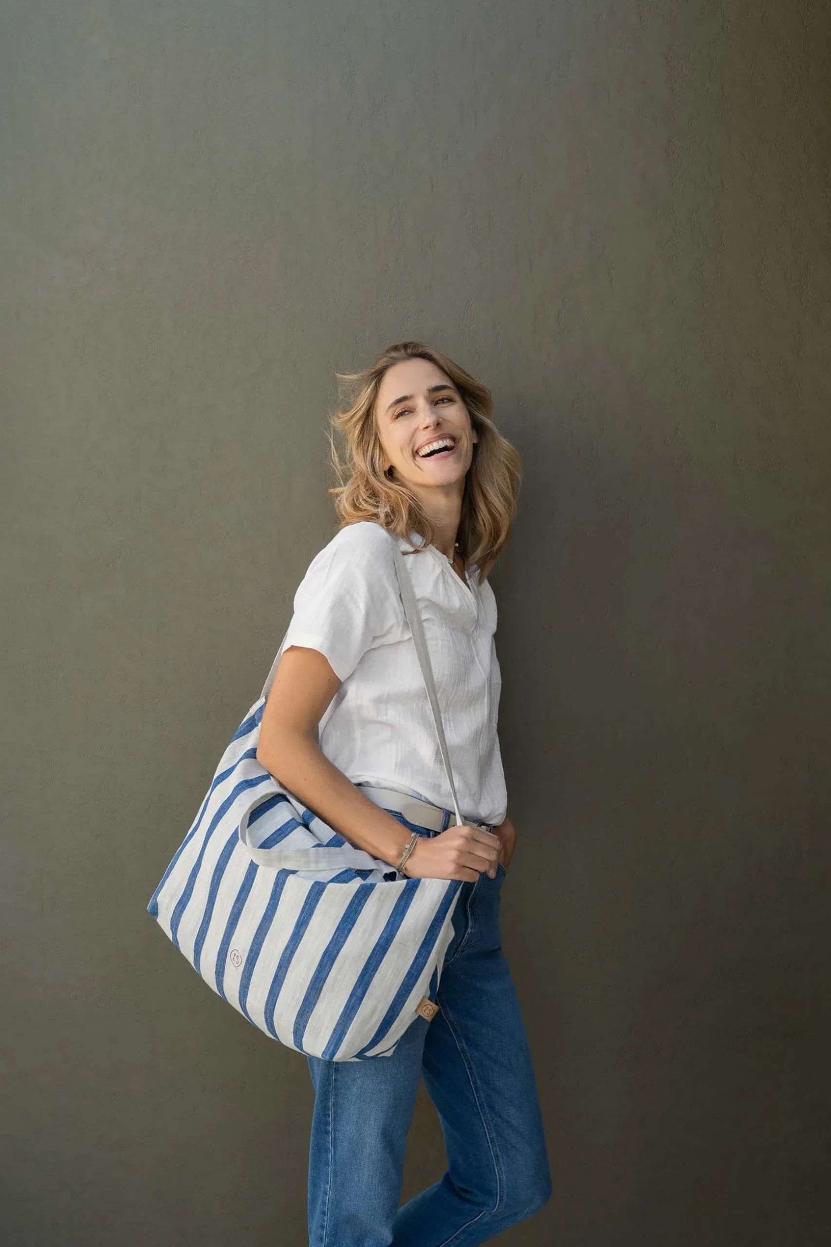 zusss grote boodschappentas gestreept peper en zout/kobaltblauw