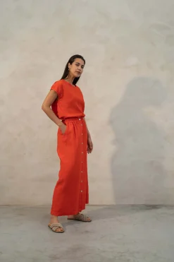 zusss linnen doorknooprok koraalrood