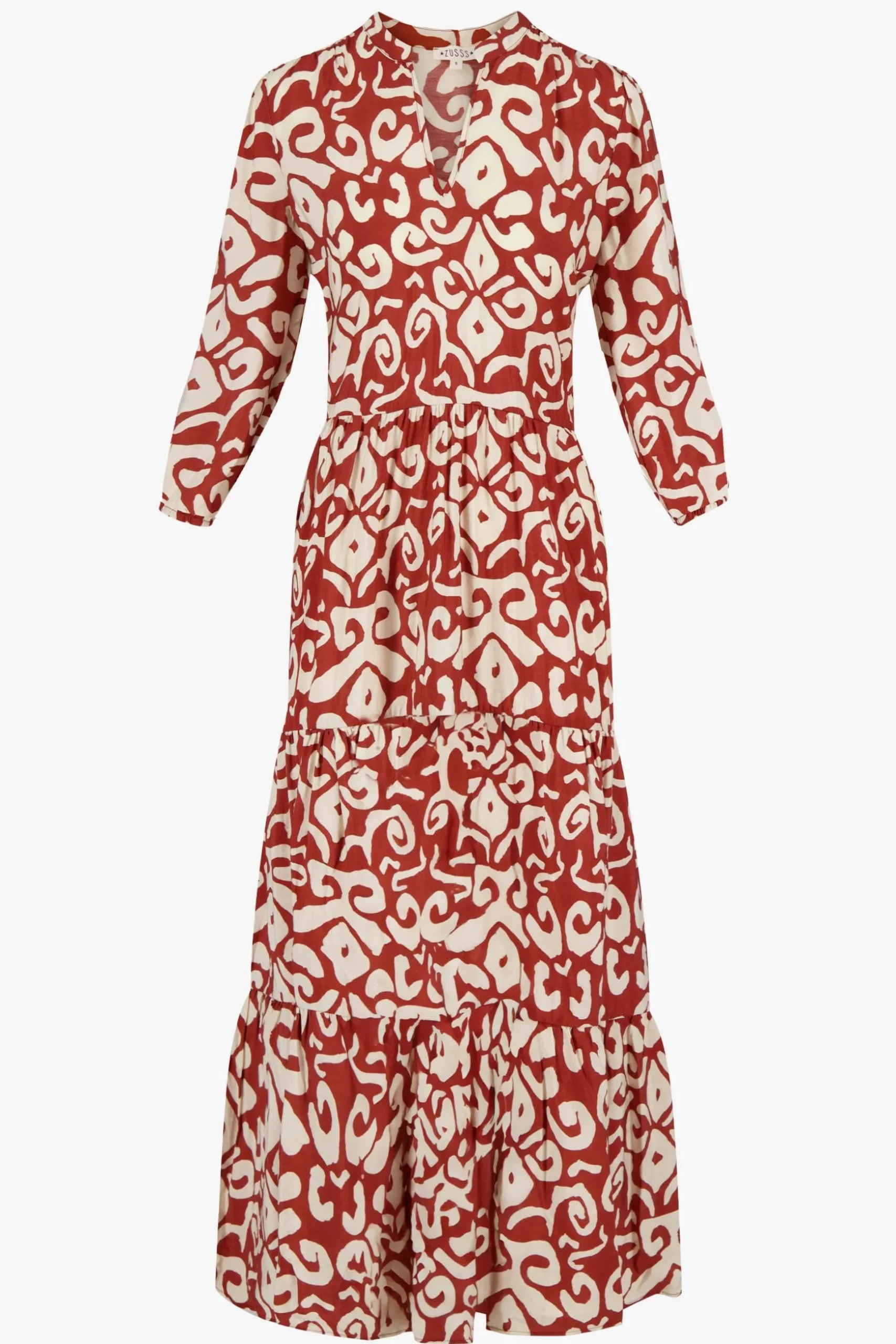 zusss maxi jurk ornamentprint cacaobruin/zand