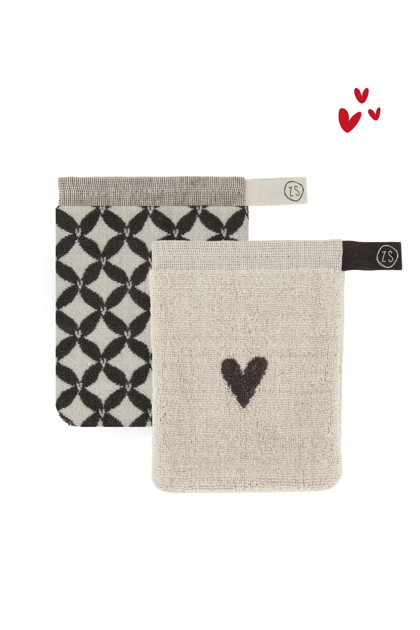 zusss set van 2 washandjes hartje/patroon antracietgrijs/zand
