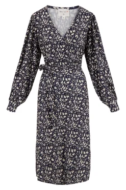 zusss wikkeljurk met blaadjesprint donkerblauw