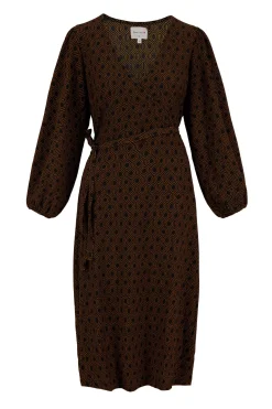 zusss wikkeljurk met blockprint zwart/camel